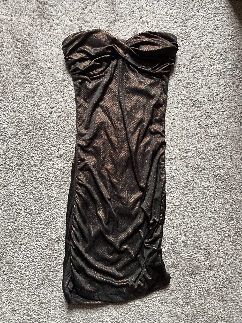 2000s Vintage Metallic Bronze Strapless Ruched Cocktail Dress